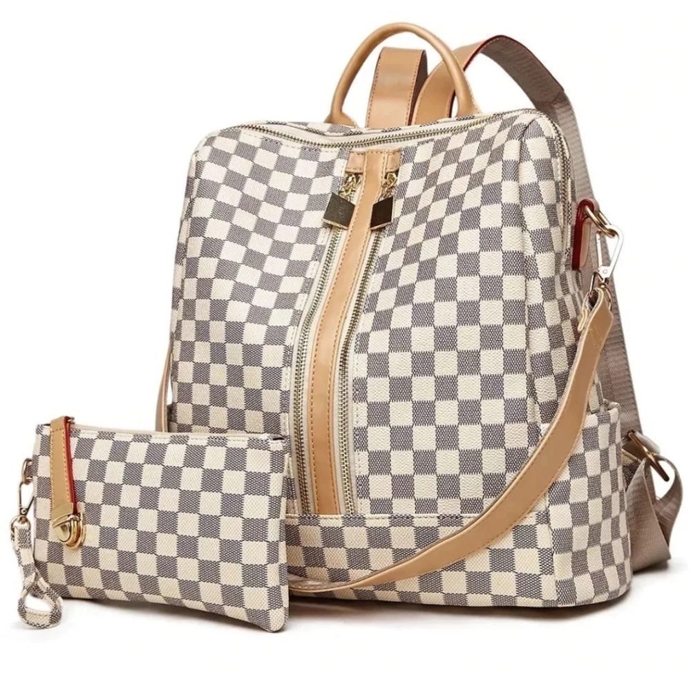 Beautiful Beige Checkered Backpack with matching wallet